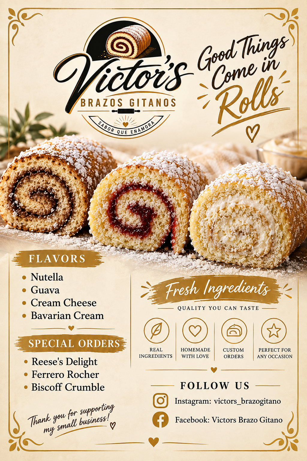 Victor’s Brazo Gitanos bakery menu